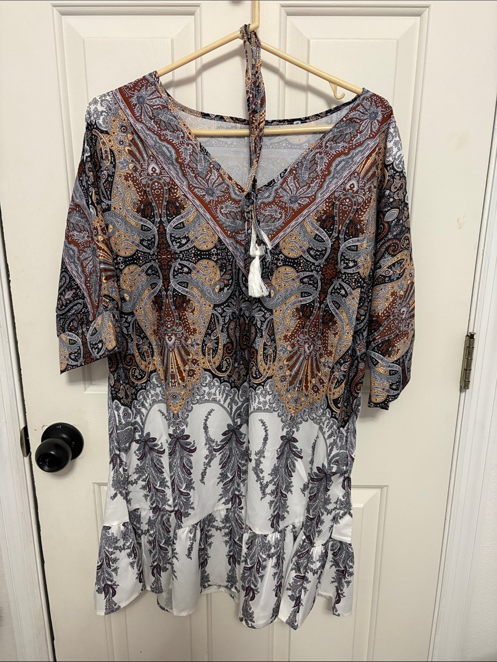 Source Unknown Paisley Tassel V-Neck Mini Dress in Brown, White, Gray